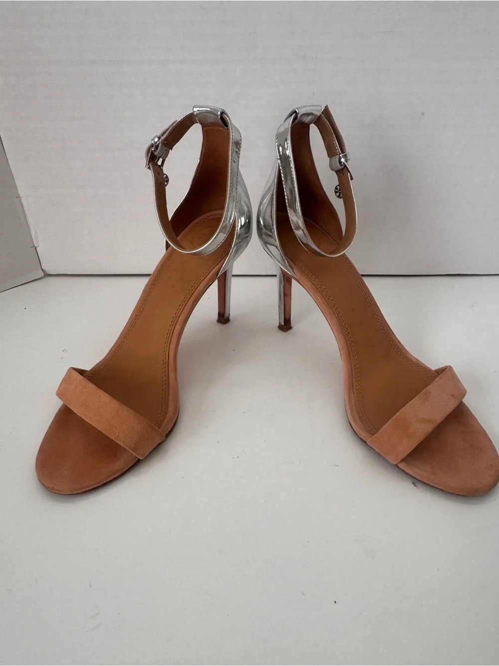 Tory Burch Ellie 85mm Silver Metallic Tan Suede Ankle Strap Sandals Heels 7M
